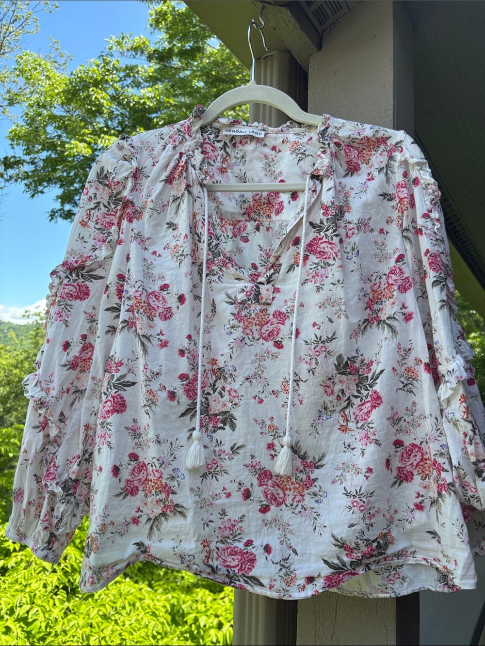 Olivaceous Cream Floral Tie-Front Blouse with Pink Rose Print